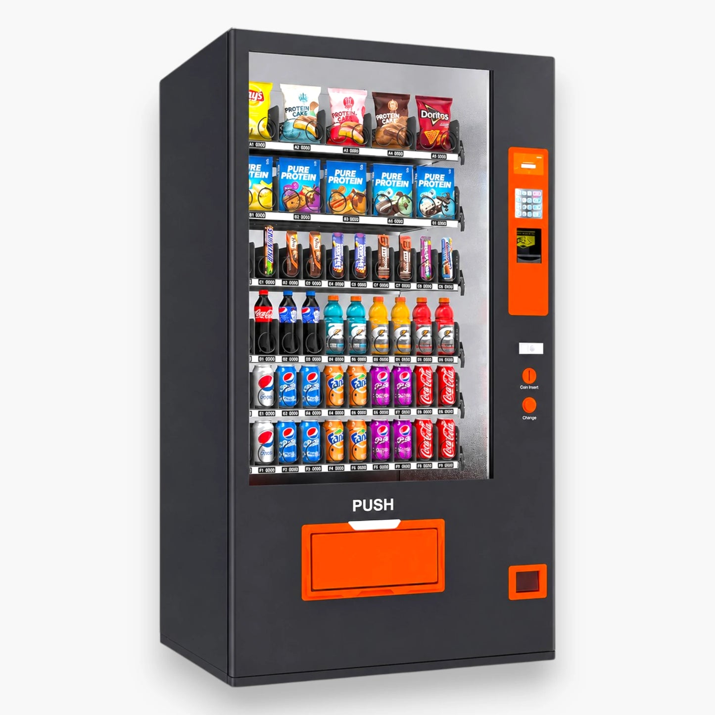 Snack and Drink Combo Vending Machine – Refrigerated, Black with Orange Accents, 378-Item Capacity, Bill Acceptor