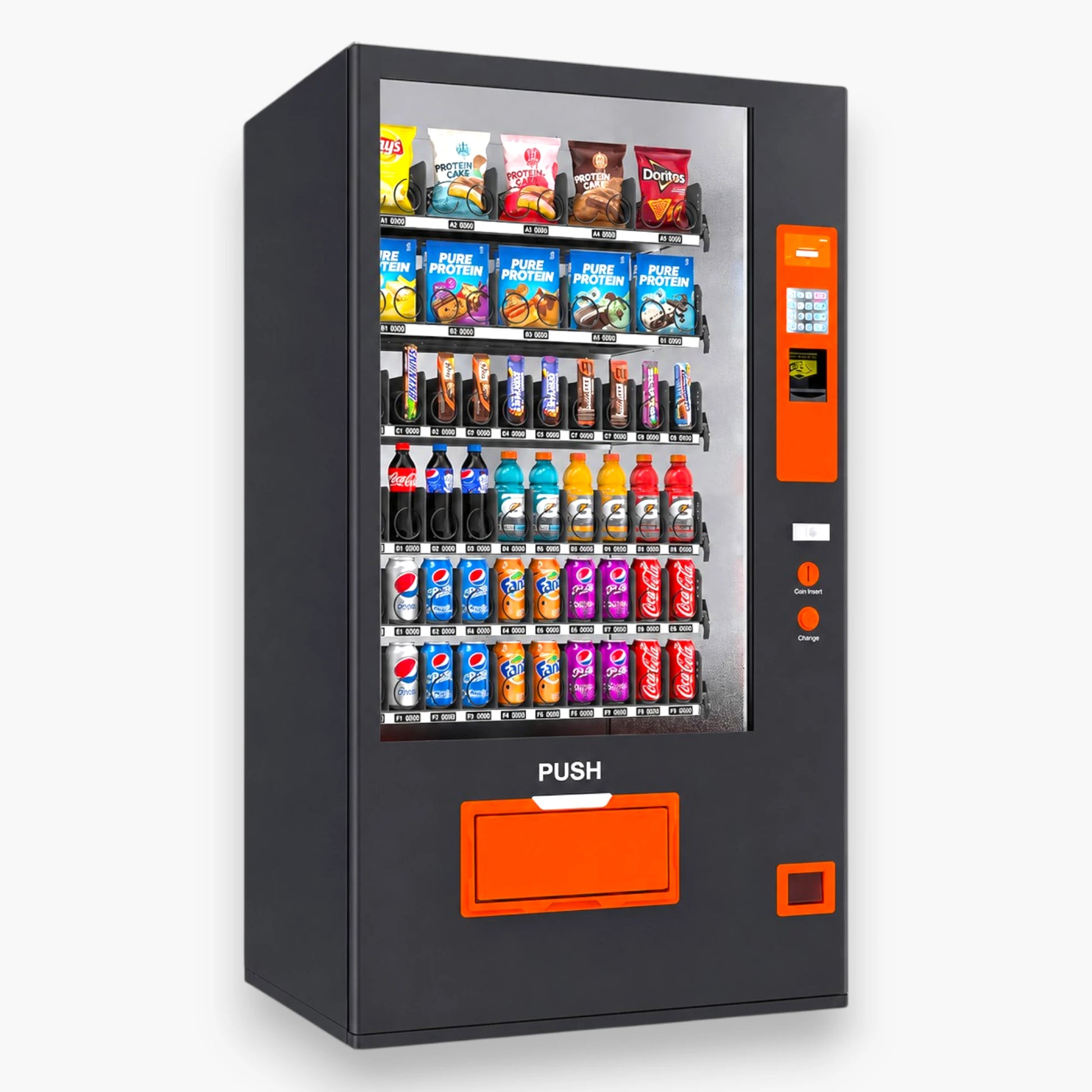 Snack and Drink Combo Vending Machine – Refrigerated, Black with Orange Accents, 378-Item Capacity, Bill Acceptor