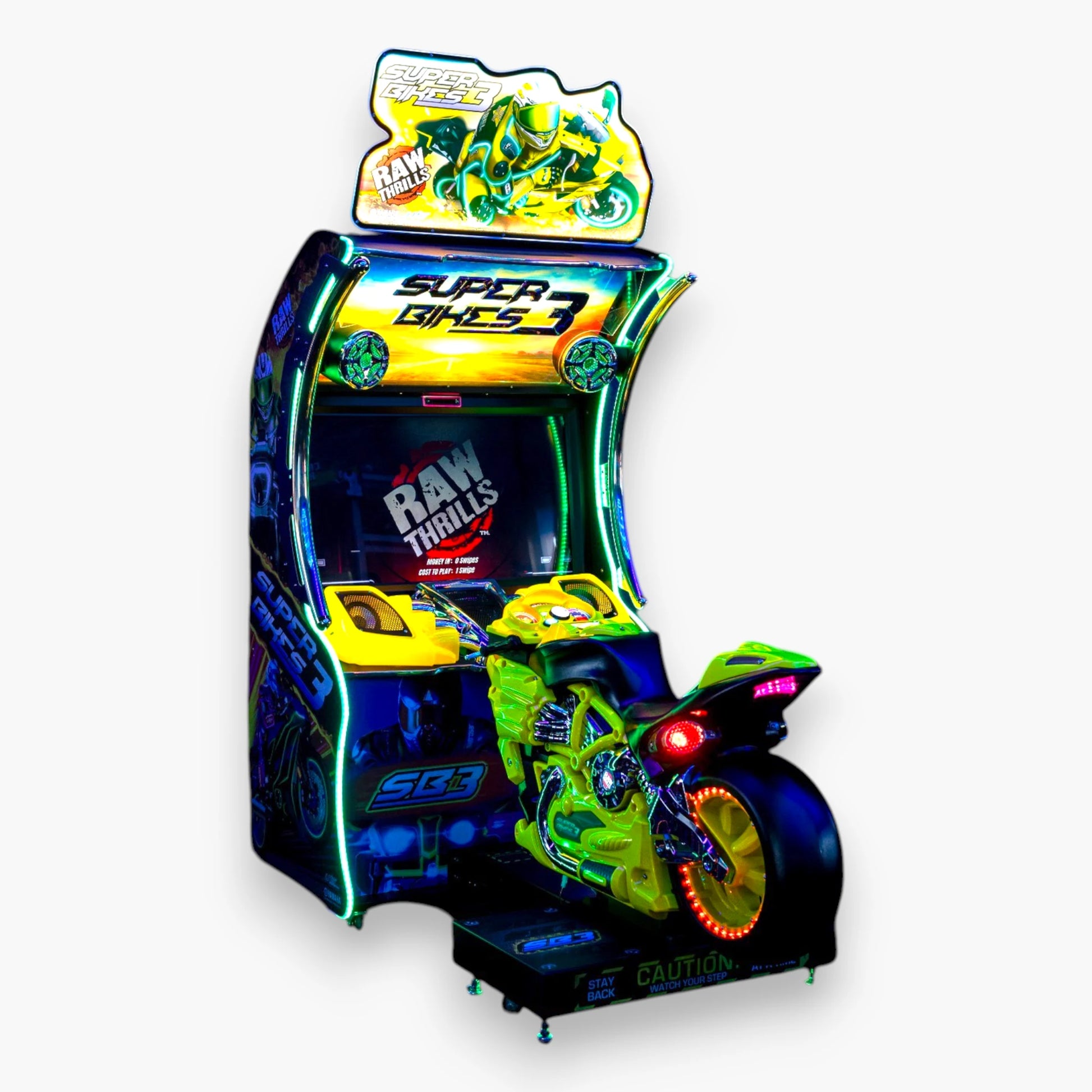 Super Bikes 3 Motorcycle Racing Arcade Game by Raw Thrills – 42 Inch HD LCD Screen, Green Yellow Cabinet