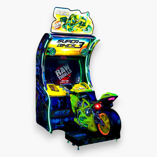 Super Bikes 3 Motorcycle Racing Arcade Game by Raw Thrills – 42 Inch HD LCD Screen, Green Yellow Cabinet