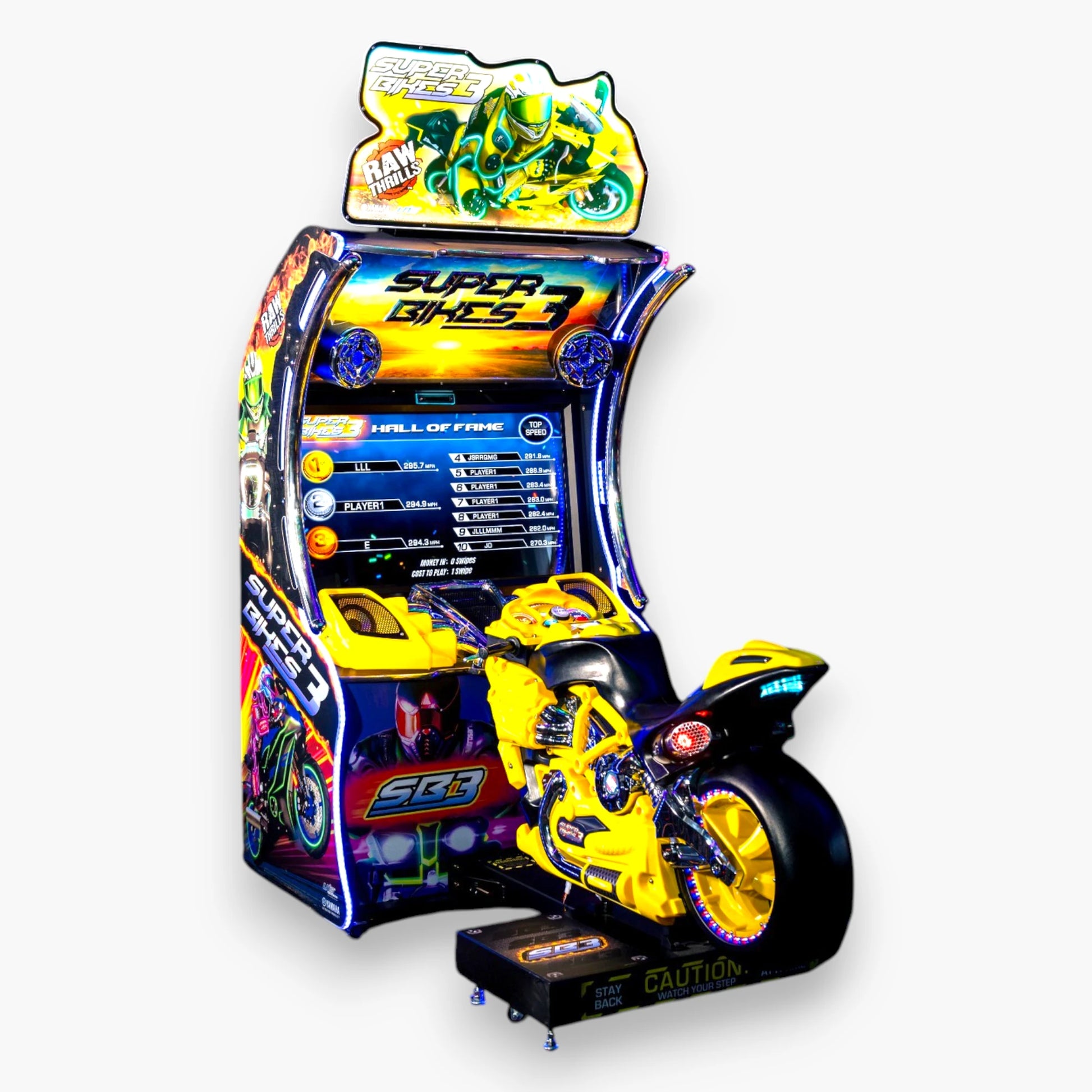 Super Bikes 3 Arcade – Bold Cabinet with Metal Arches, Floating Logo, Chrome Accents, Vibrant LED Lighting