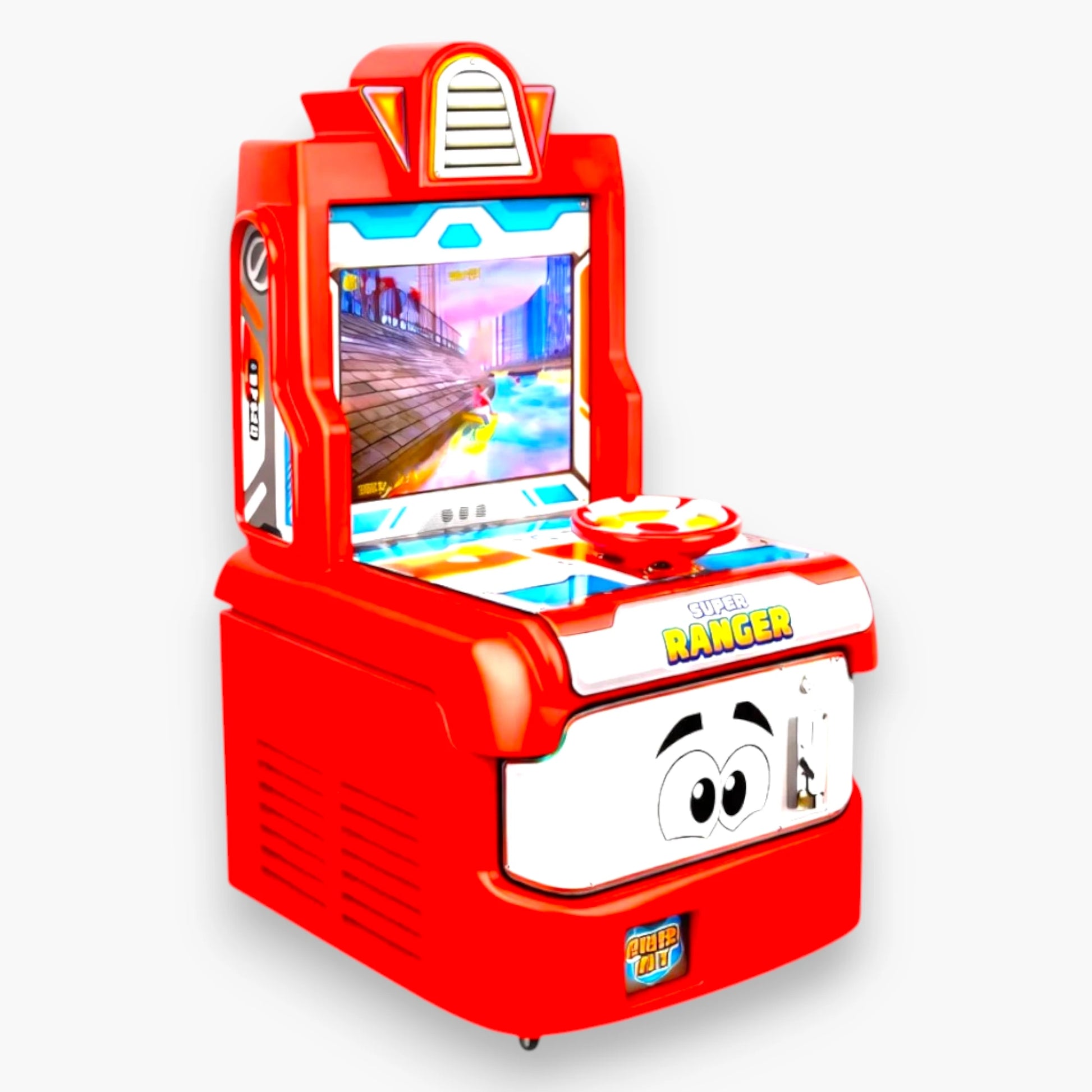 Super Ranger Car Racing Arcade Machine – Red Cabinet, Steering Wheel Controls, LED Lighting, Coin Operated