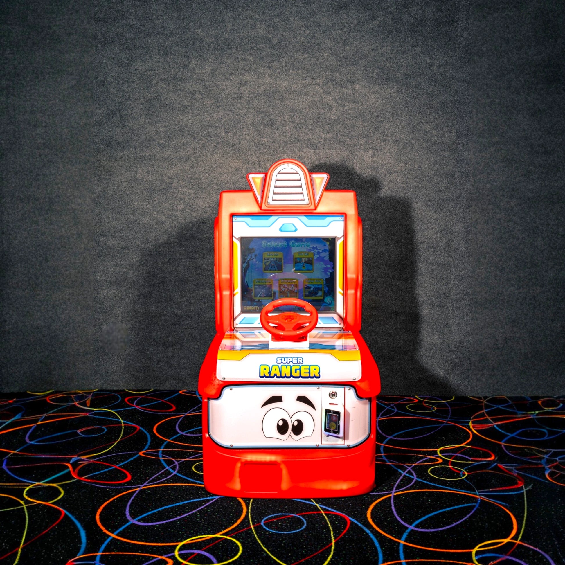 Super Ranger Car Racing Arcade – Steering Wheel Controller, Cartoon Eye Cabinet Design, Kids Racing Game