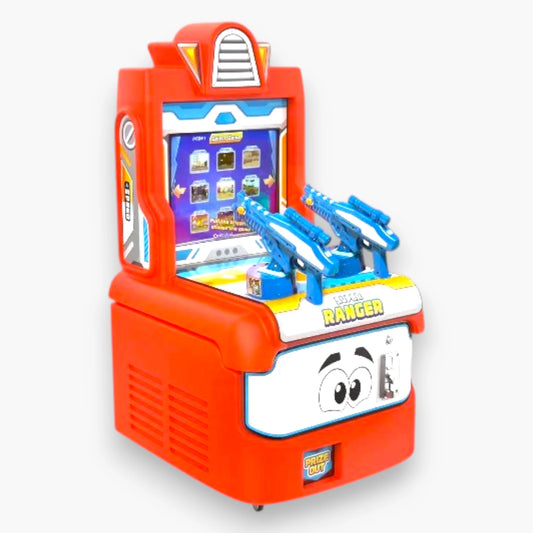 Super Ranger Dual Shooting Arcade Machine – Red Cabinet, Dual Mounted Toy Rifles, LED Lighting, Coin Operated