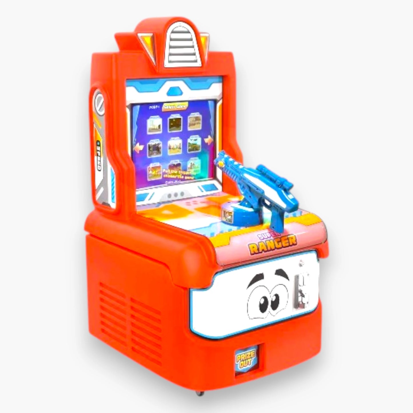 Super Ranger Shooting Game Arcade Machine – Red Cabinet, Mounted Toy Rifle, LED Lighting, Coin Operated