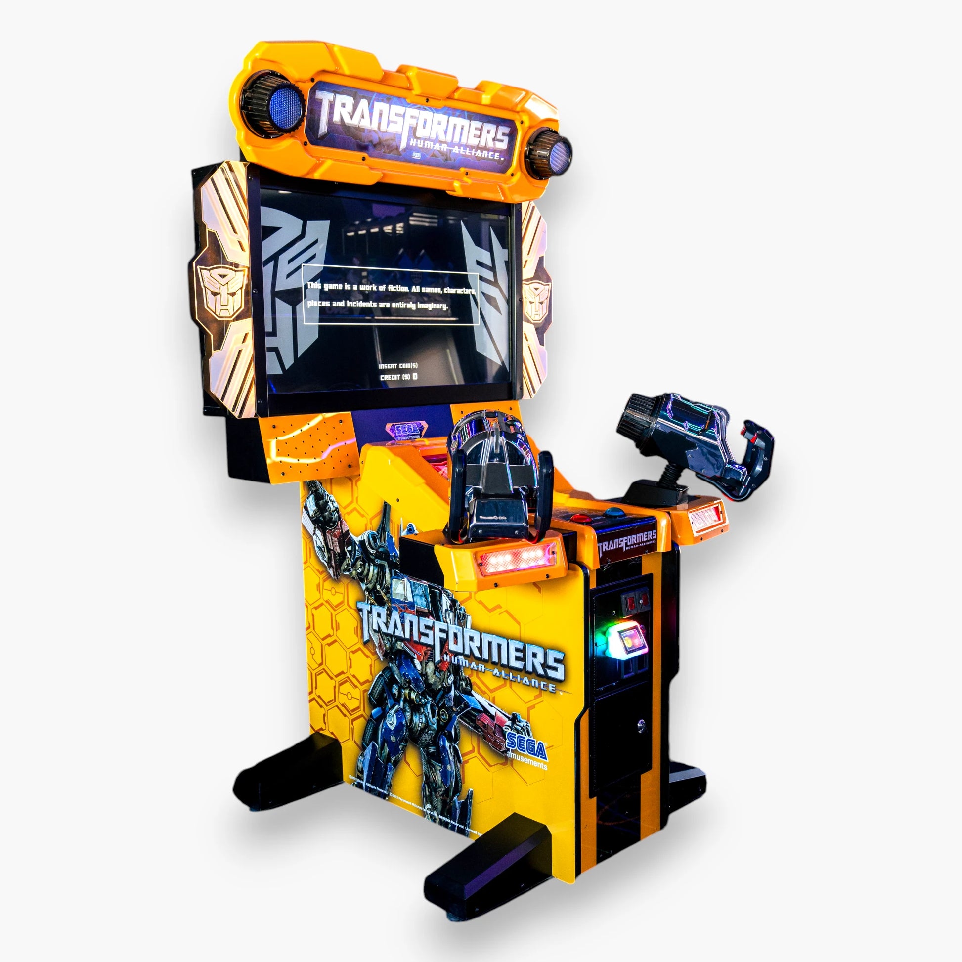 Transformers Human Alliance Arcade Shooting Game by SEGA – Full Cabinet, 3D Character Topper, Dual Mounted Guns, Yellow Cabinet