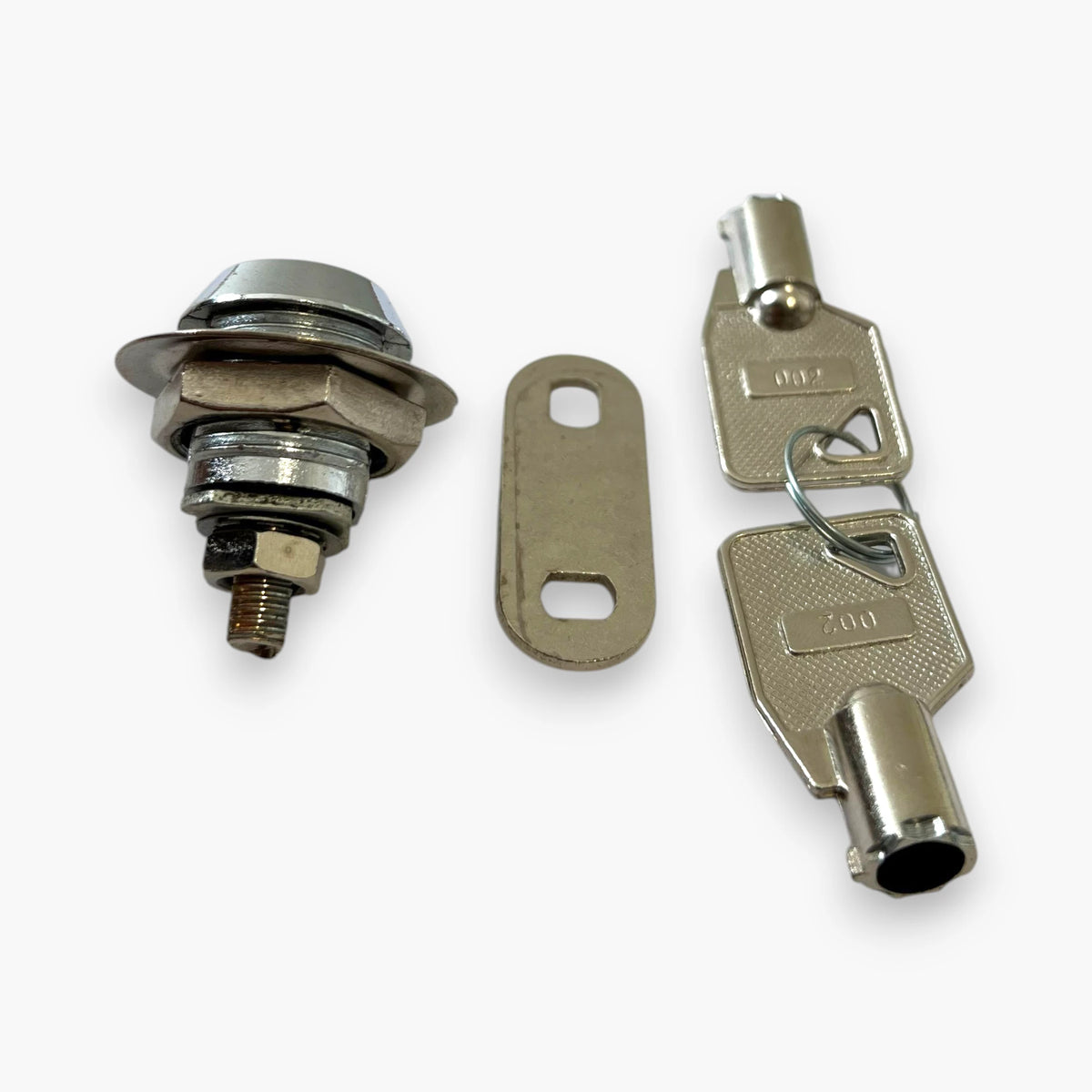 Chrome-plated cabinet cam lock with mounting hardware and two keys