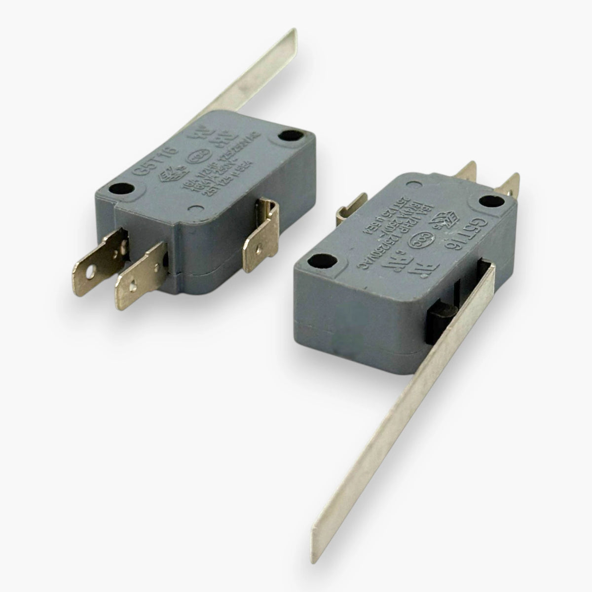 Two Zing Ear G5T16 16A micro switches with long straight levers and quick-connect terminals