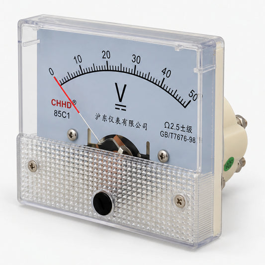 Analog panel voltmeter with a 0–50V scale, clear front cover and beige housing.