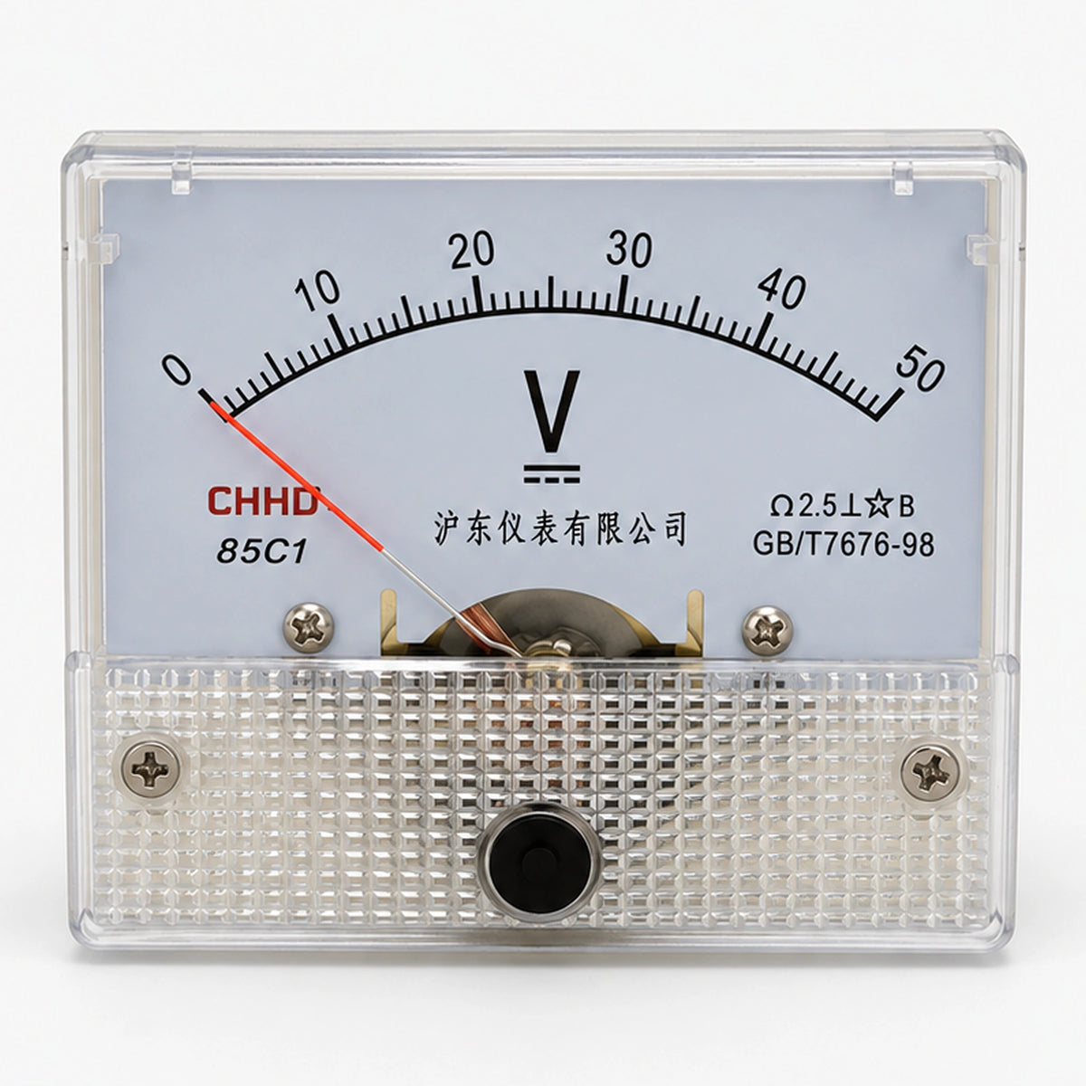 DC analog voltmeter with black scale markings and a red-tipped needle.