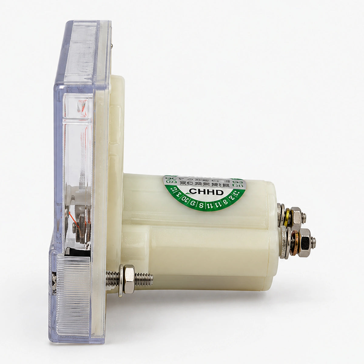 Angled view of a square analog voltmeter showing its rear terminal.