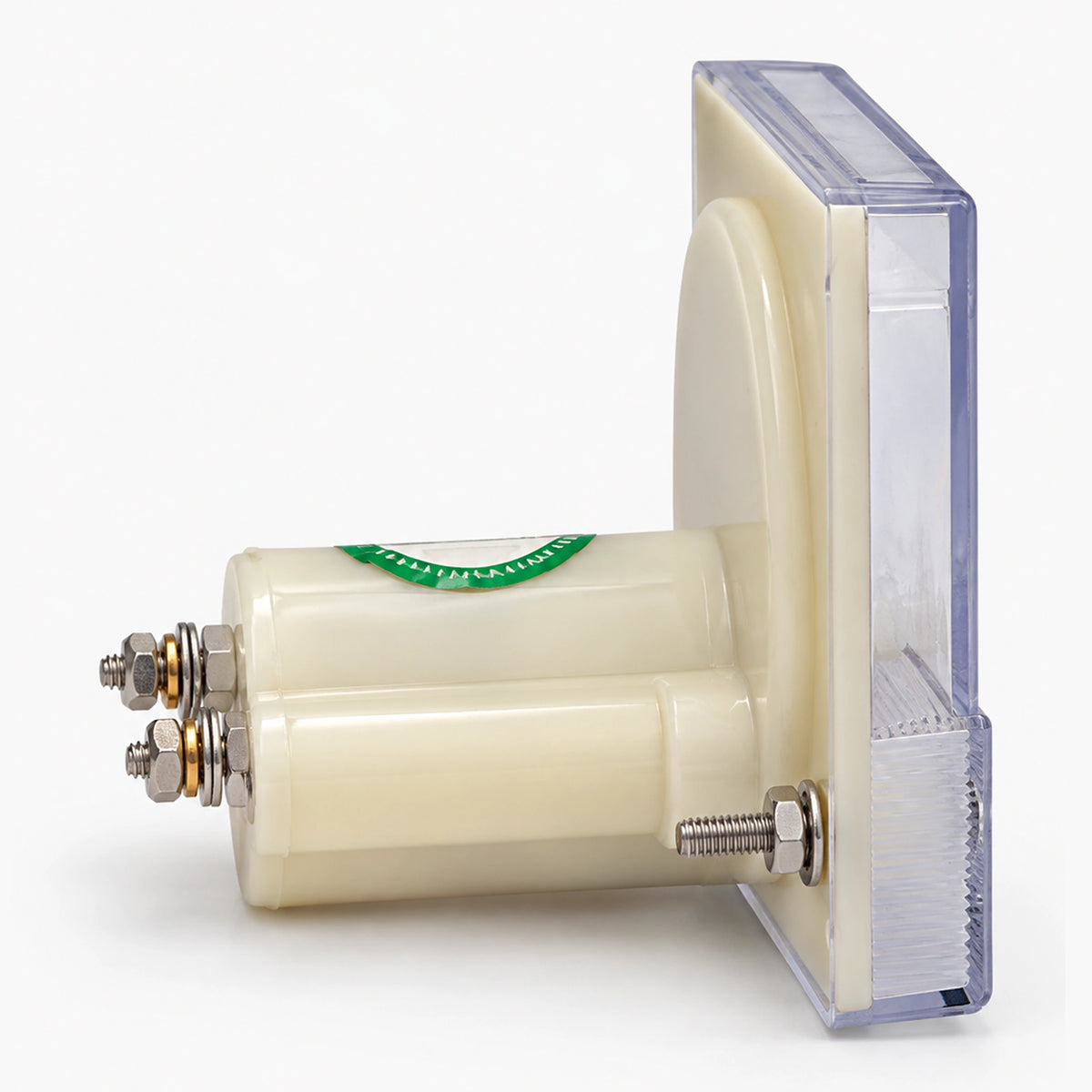 Angled view of a square analog voltmeter 