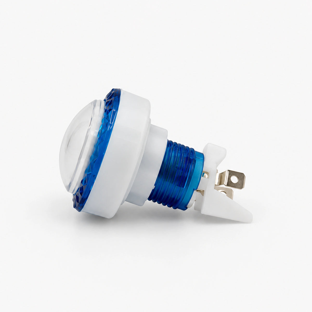 Side view of a 45mm blue diamond button showing its clear cover and white housing.