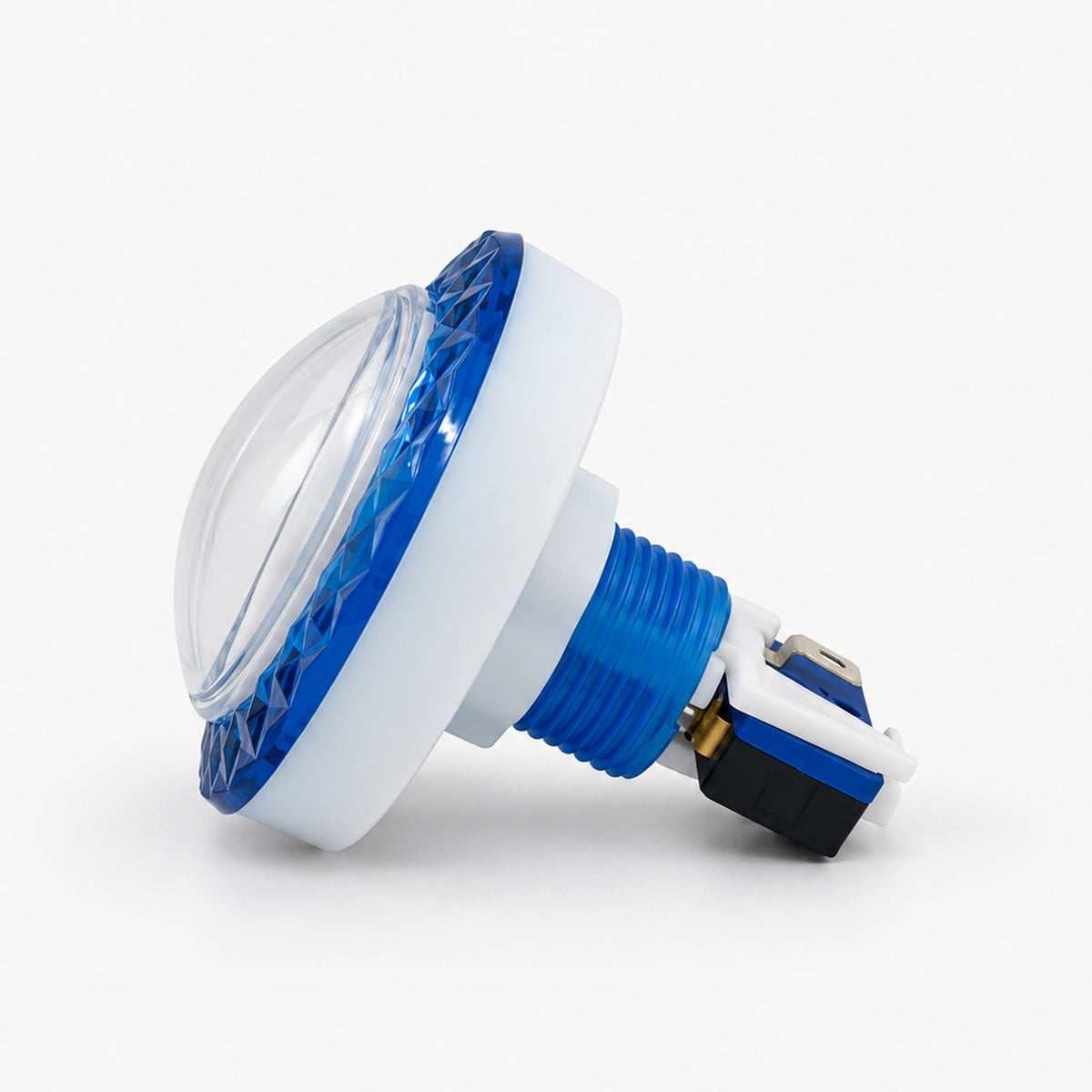 Side view of a 65mm round arcade push button with a clear domed face and blue surround.