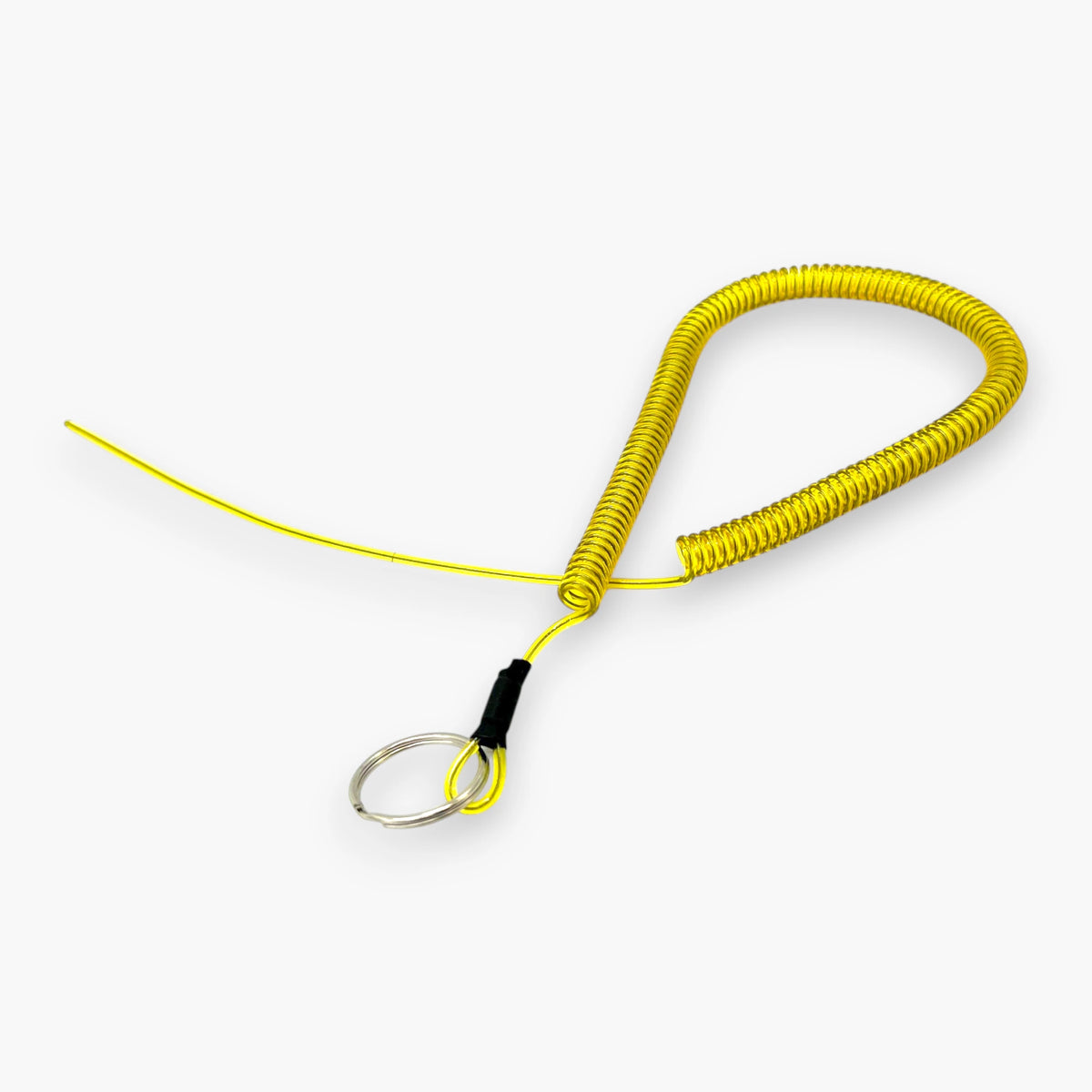 yellow coiled disc lock reminder cable with key ring on one end and wrap-around wire tail on the other