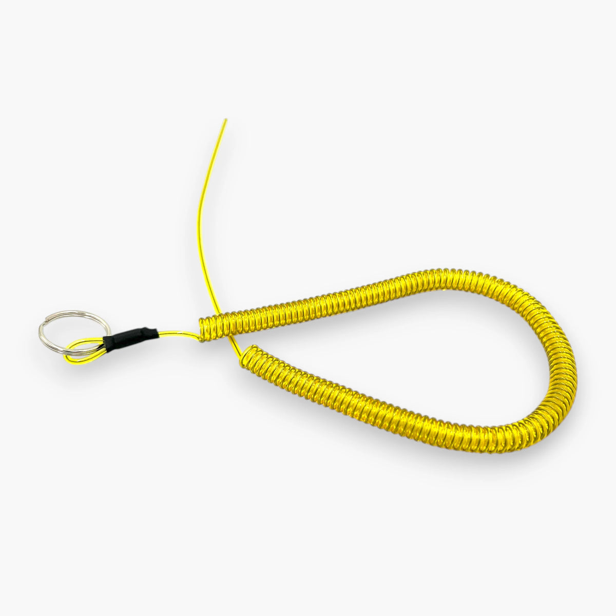 yellow coiled disc lock reminder cables with split key rings and wire tails