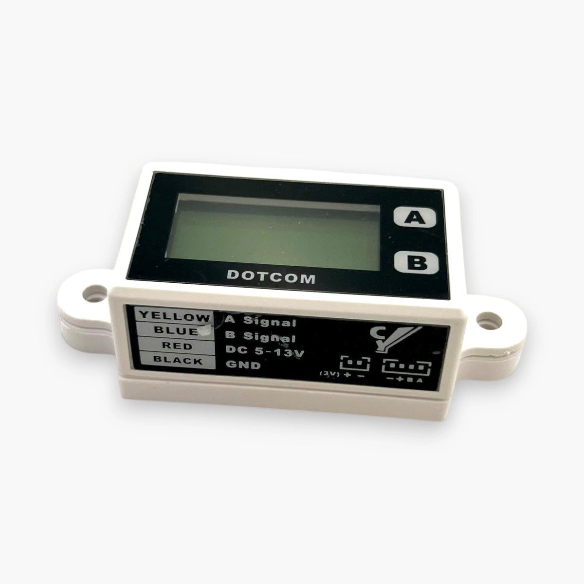 DOTCOM DC-228 counter wiring label: yellow A signal, blue B signal, red DC 5-13V, black ground, with 4-pin connector