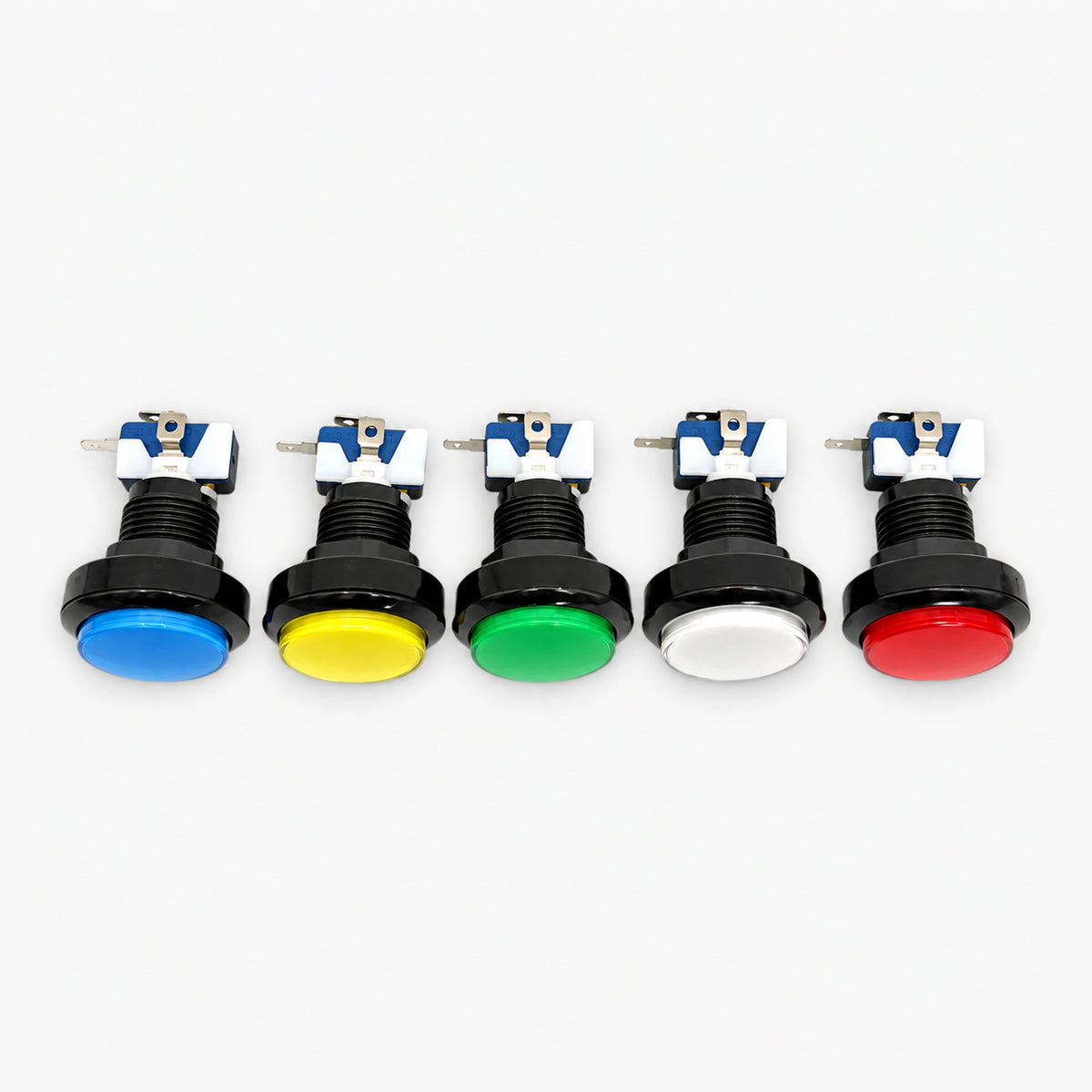 LED arcade push buttons installed on an arcade cabinet control panel with microswitch