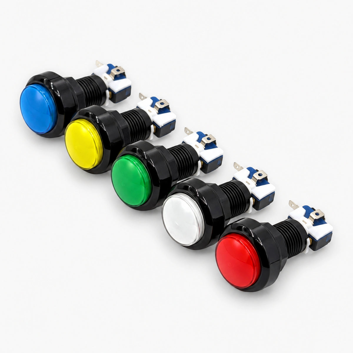Angled view of 45mm illuminated round arcade buttons with black bezel and micro switch