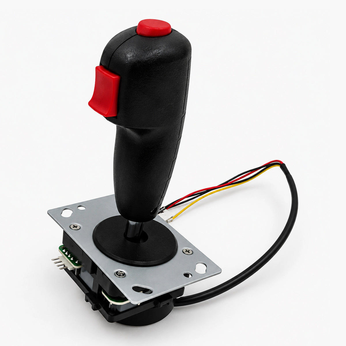 Flight-style arcade joystick with a black textured grip, red trigger and top button, metal mounting plate, and separate handle wires.