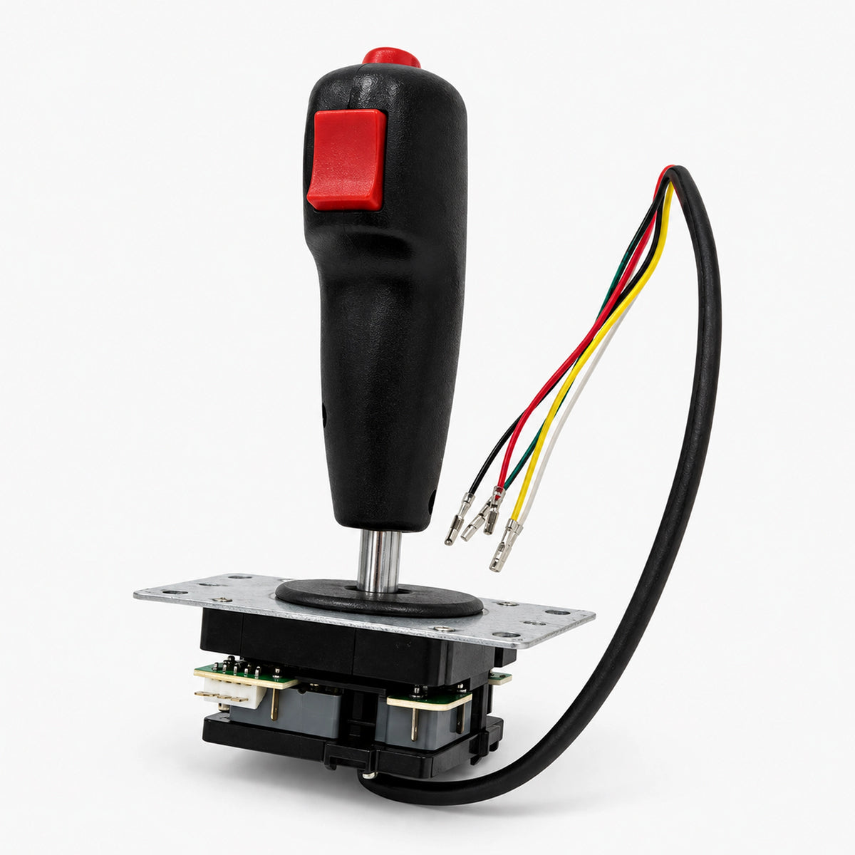 Flight-style arcade joystick with a black textured grip, red trigger and top button, metal mounting plate, and separate handle wires.