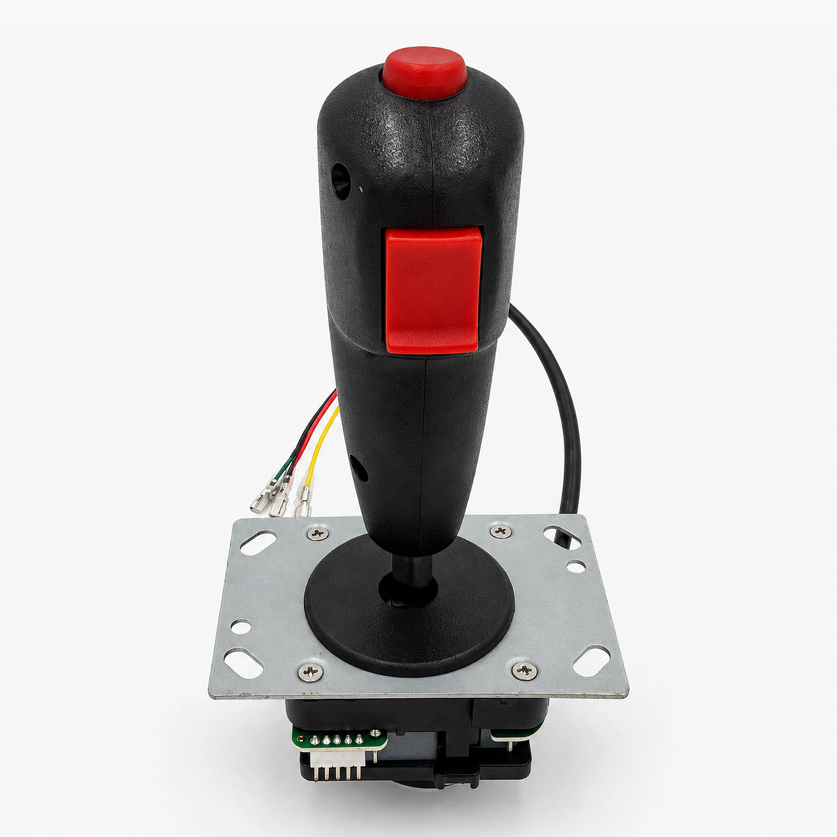 Black flight joystick with red trigger and top button on a metal mounting plate
