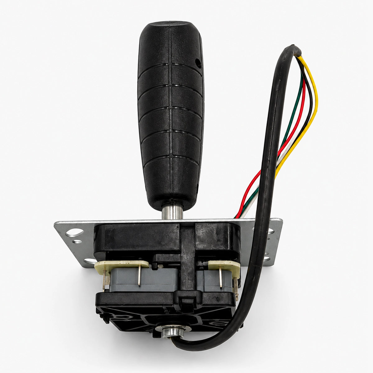 Flight joystick with metal mounting plate and visible circuit board on a white background