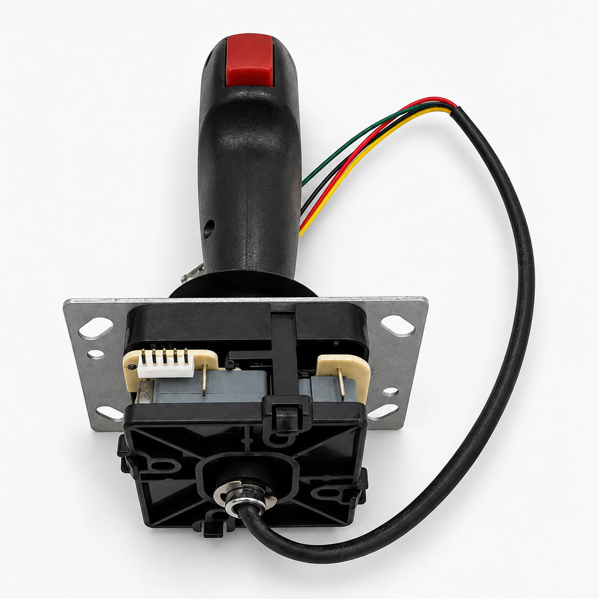Underside of a flight-style arcade joystick showing the 5-pin header, switch assemblies, metal mounting plate, and handle cable.