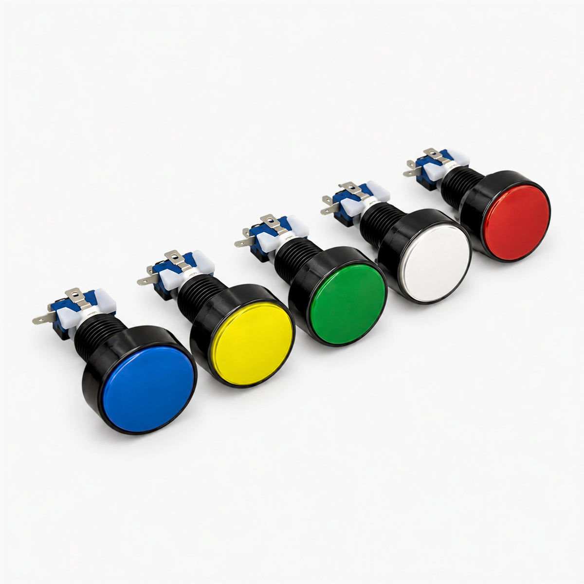 Large flat-top illuminated arcade button with black bezel and micro switch, side view