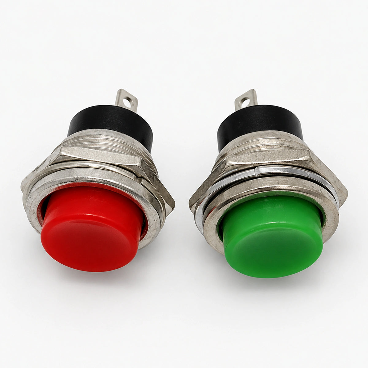 Red and green PS-212 metal push button switches with threaded housings and solder terminals.