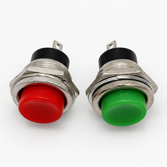 Red and green PS-212 metal push button switches with threaded housings and solder terminals.