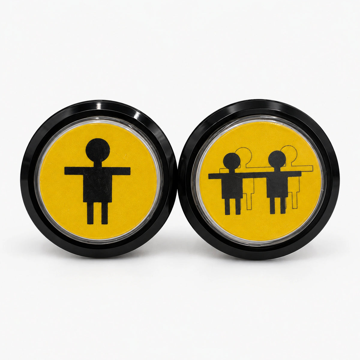 Yellow single-player and double-player arcade start buttons with black round rims.