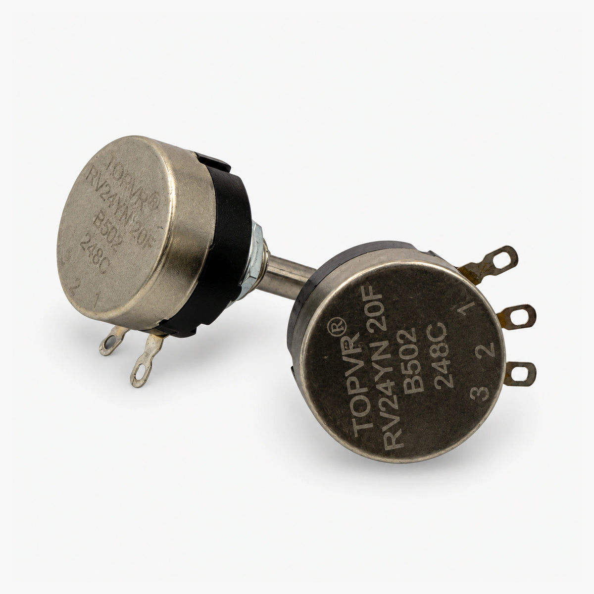 TOPVR RV24YN 20F B502 5K potentiometer, front view with terminals