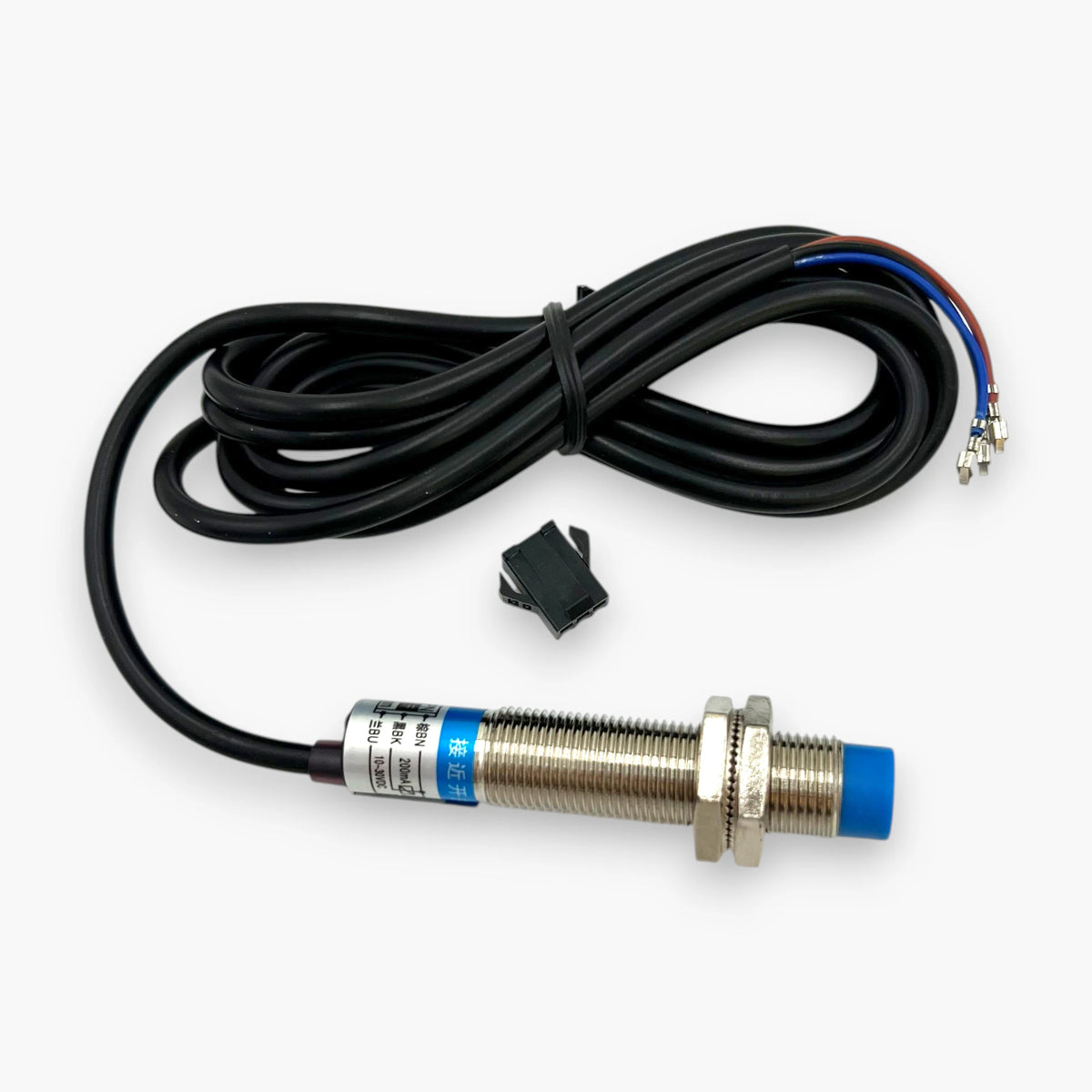 M12 inductive proximity sensor 4mm NPN with label showing 10-30VDC wiring, cable and connector housing