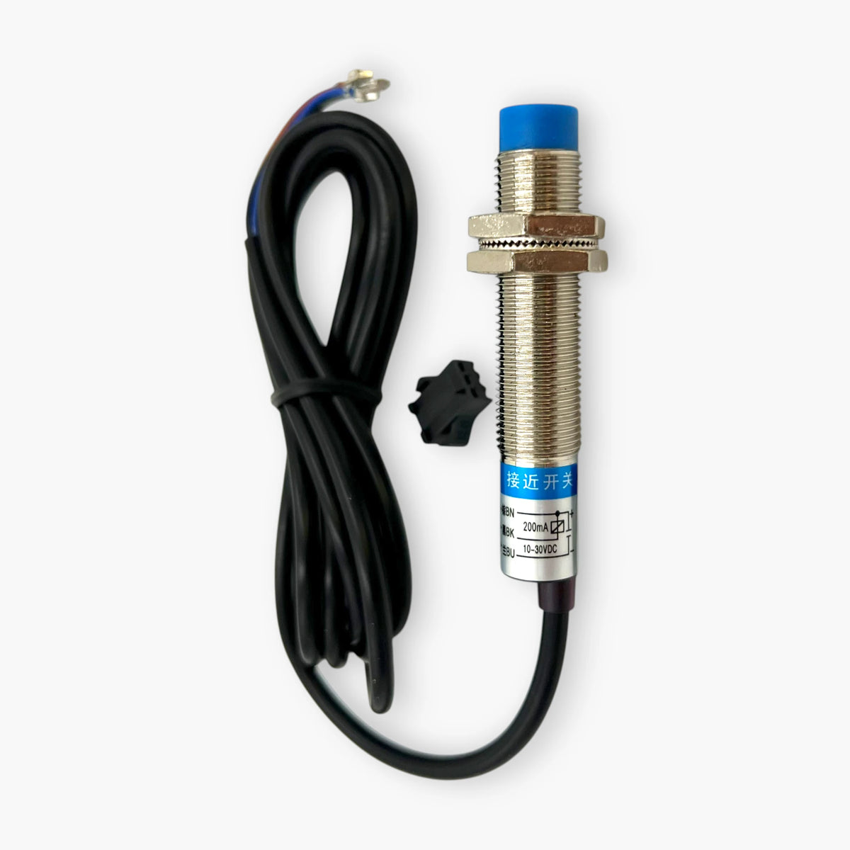 inductive proximity sensor label showing brown, black and blue wiring diagram