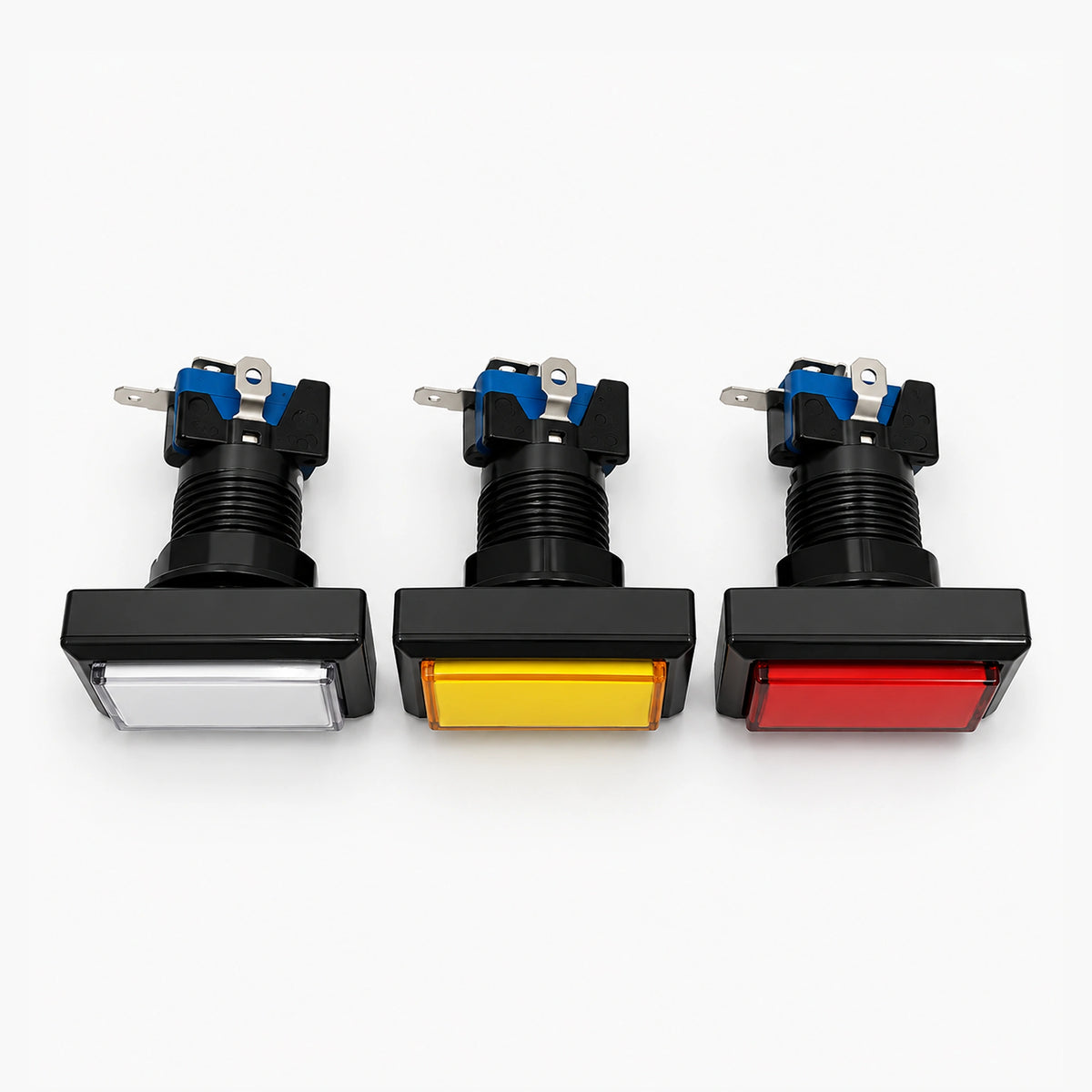 Set of 3 rectangular LED arcade push buttons in assorted colors