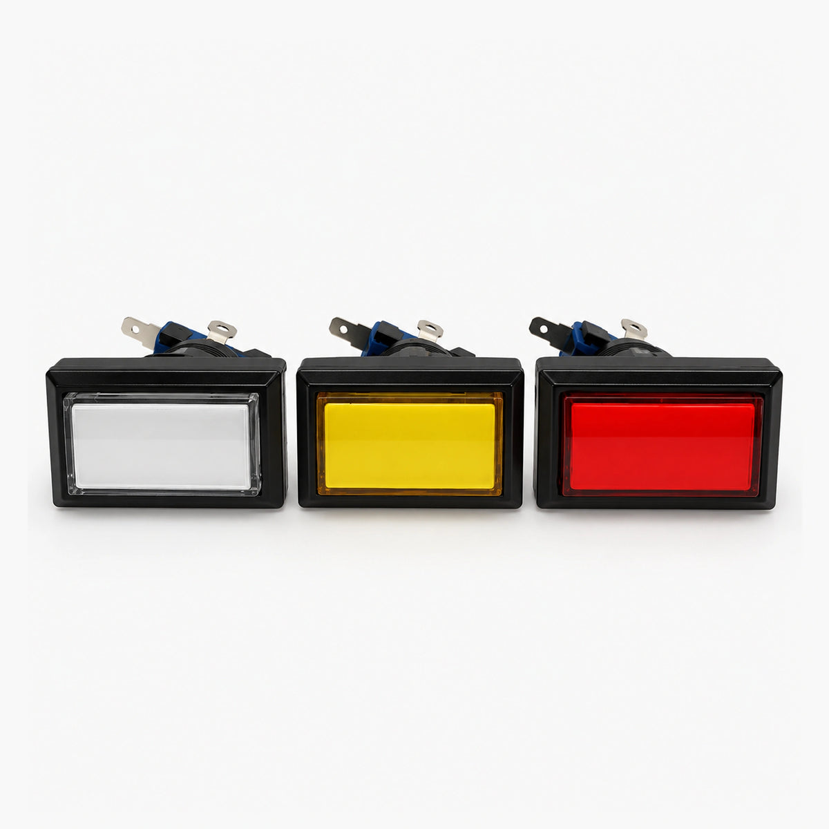 Close-up of micro switch and terminals on a rectangle LED arcade button 50x35mm
