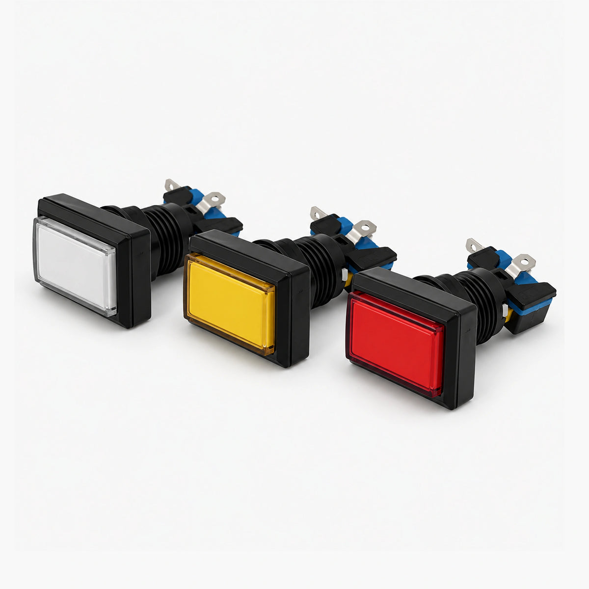 Rectangle LED buttons installed on an arcade cabinet control panel set of 3 colors