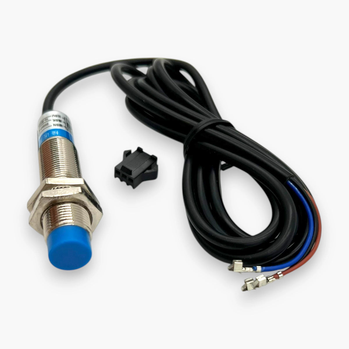 LJ12A3-4-Z/BX type inductive proximity sensor with blue sensing face, mounting nuts and crimped wires
