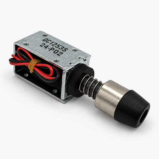 QC1253S 24V DC solenoid with silver-colored frame, return spring, red and black wires, and black-capped end.