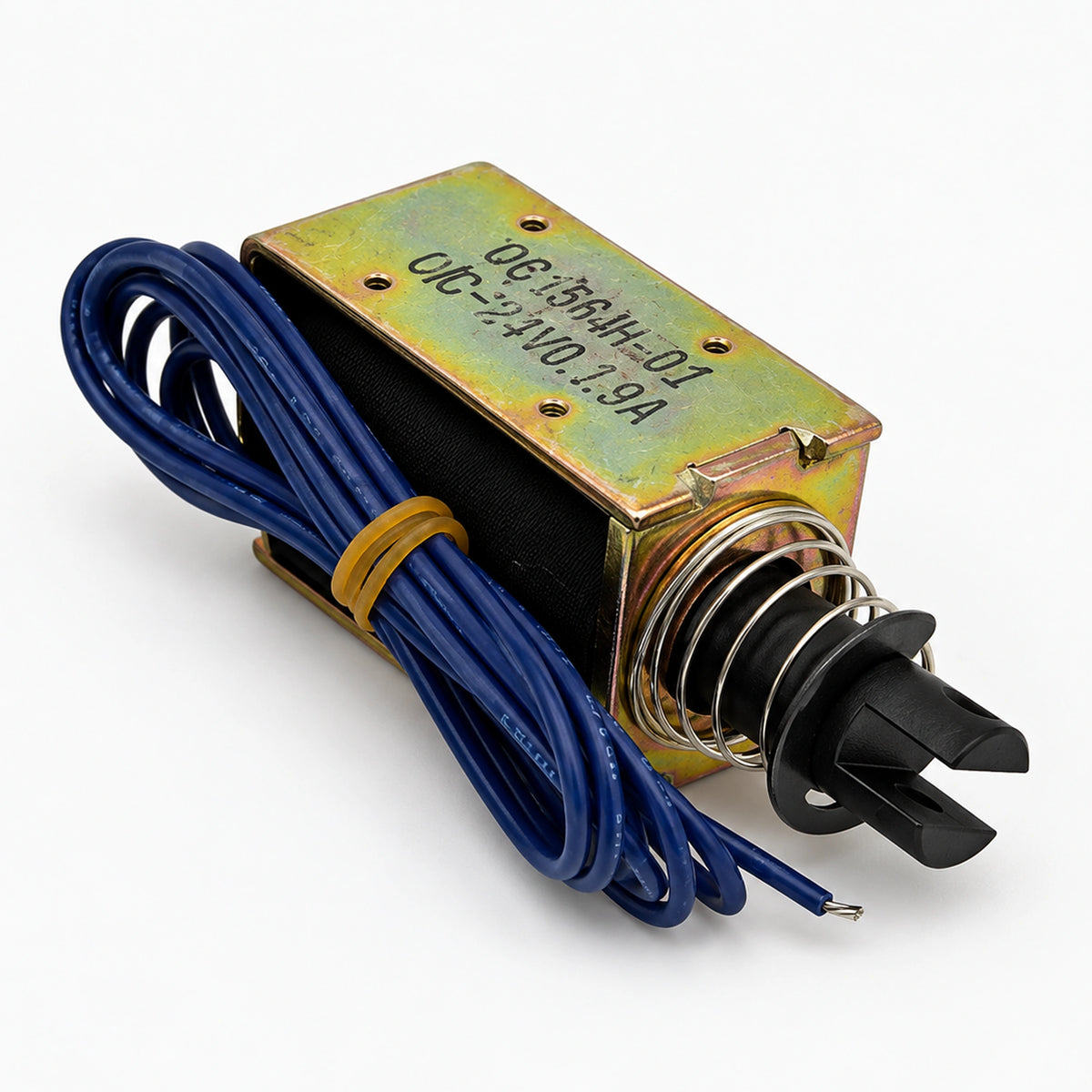 QC1564H-01 24V DC solenoid with gold-colored frame, blue wires, return spring and threaded shaft.