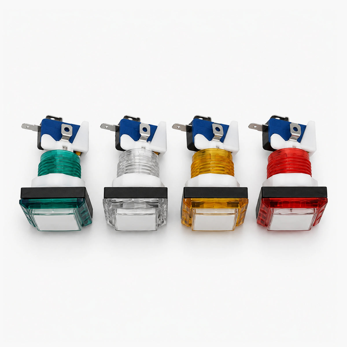 Four square arcade push buttons in green, white, yellow and red with attached microswitches.