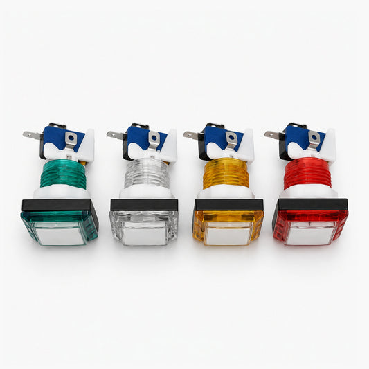 Four square arcade push buttons in green, white, yellow and red with attached microswitches.