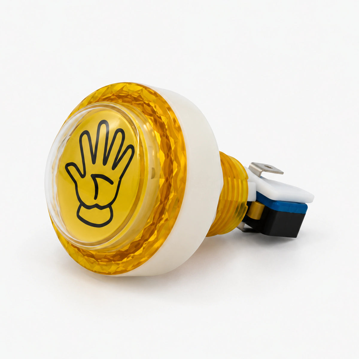 50mm yellow arcade push button with a black hand symbol and diamond-patterned rim.