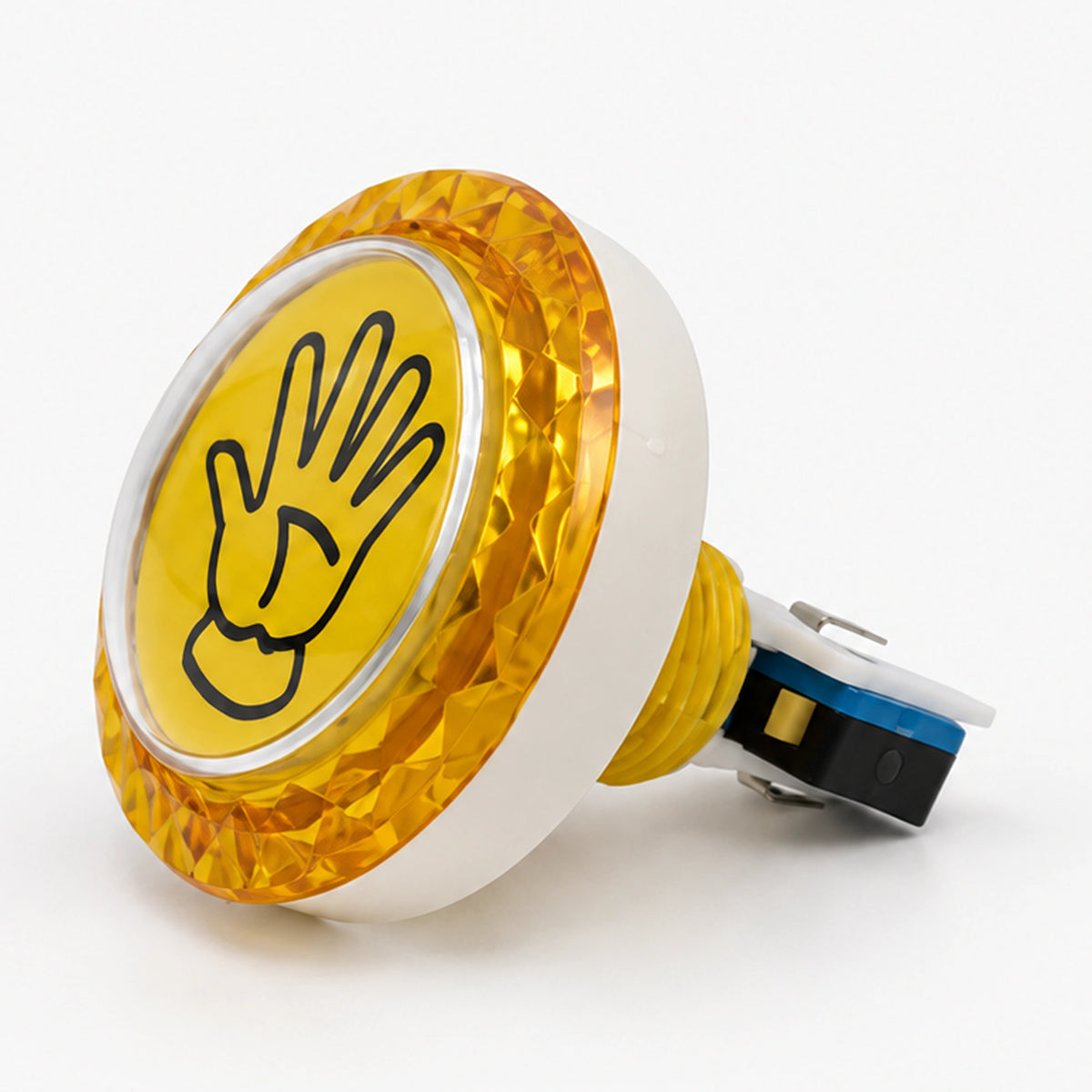 65mm yellow diamond palm push button with a black hand graphic and white housing.