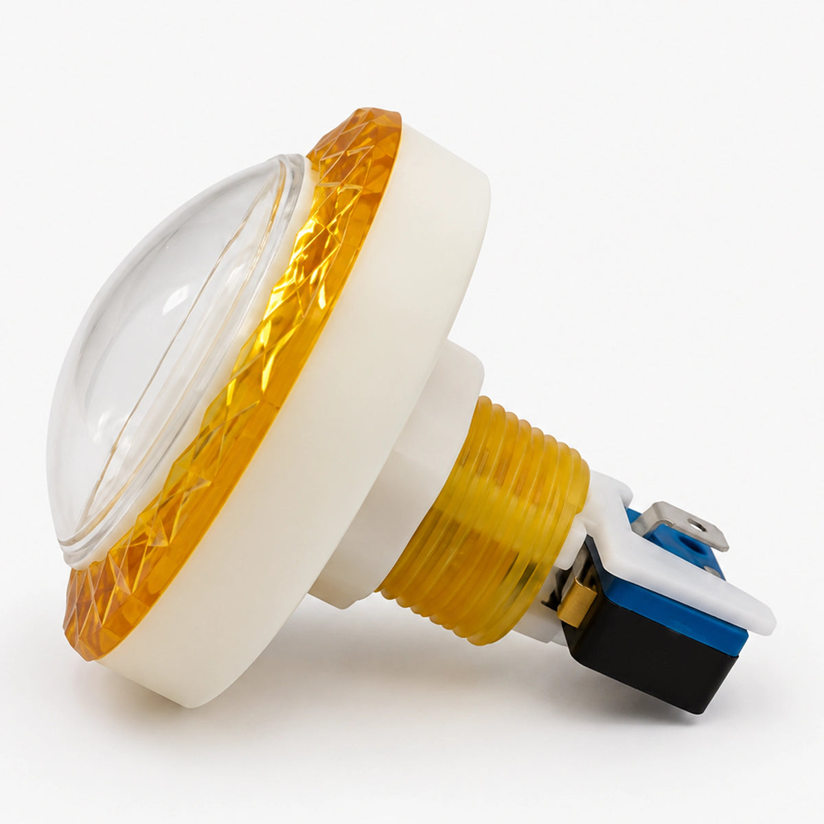 Yellow arcade push button with a diamond-patterned rim, blank center and attached blue microswitch.