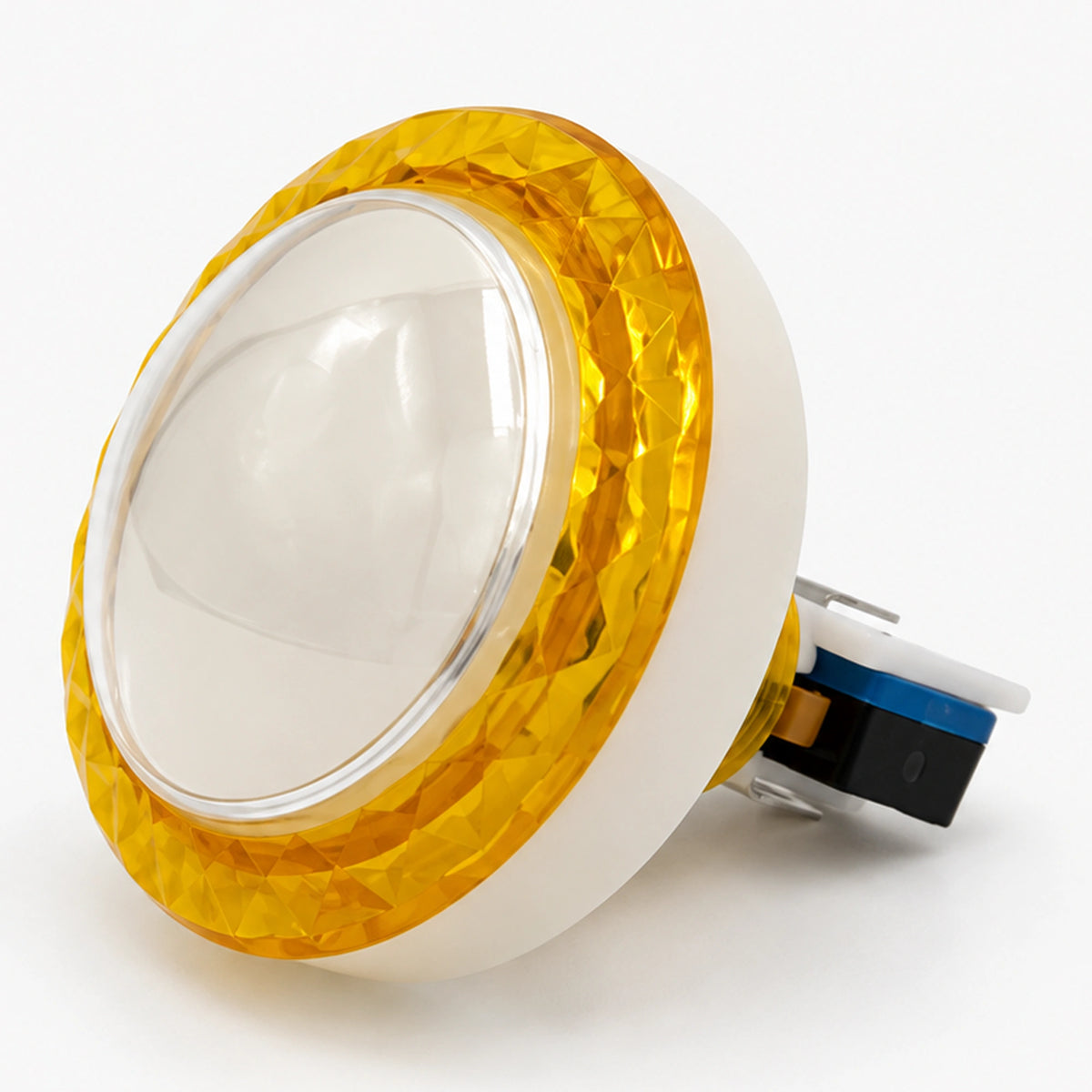 Yellow arcade push button with a diamond-patterned rim, blank center and attached blue microswitch.