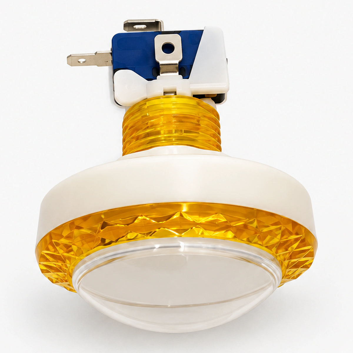 Large round arcade button showing its yellow threaded shaft, white housing and metal terminals.