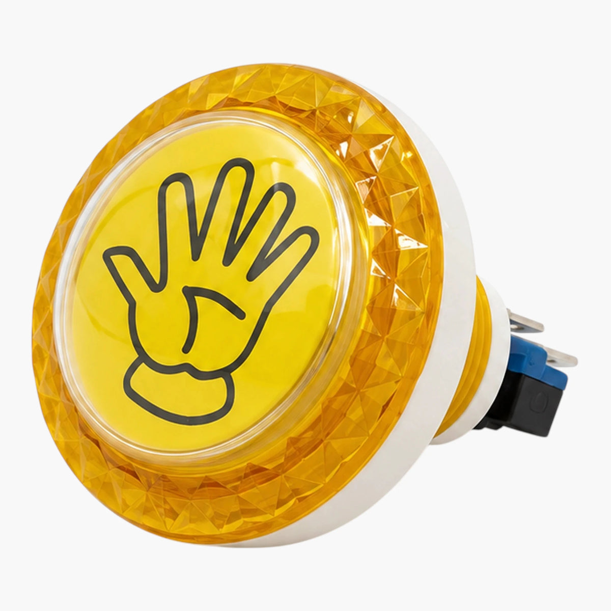 Yellow hand-symbol arcade push button with a clear cover and blue-and-black microswitch.